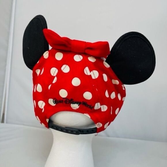 Disney Minnie Mouse Polka Dot Baseball Hat Cap Bow W/ Ears Red Black White Youth - Picture 3 of 7